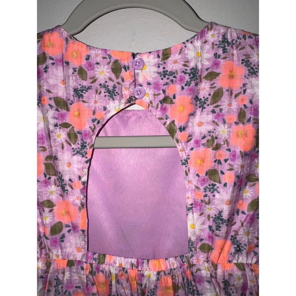 Cat & Jack Girls Floral Dress Purple Orange Puff Sleeve Open Back Size S 6/7